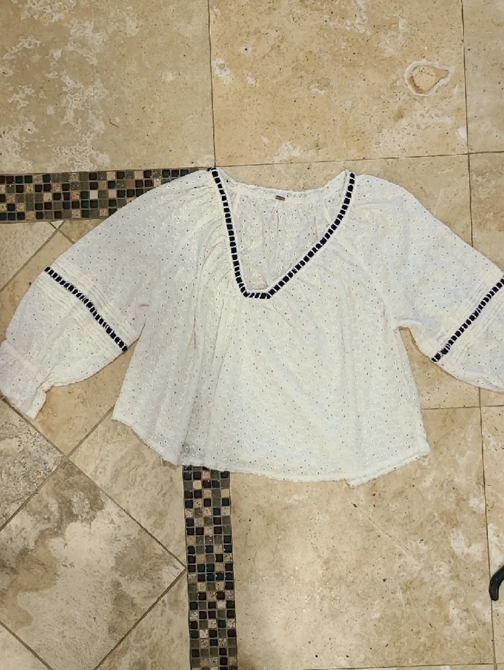 Free People Cream Eyelet Peasant Top with Navy Trim